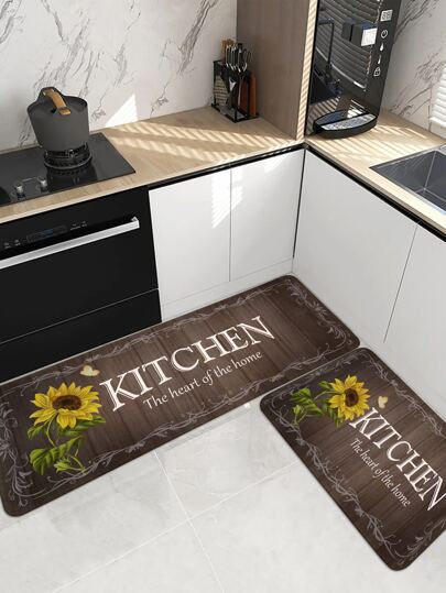 سجادة مطبخ مطبوعة بالنص الكلاسيكي وزهرة الشمس، سجادة متينة شعرية مانعة للانزلاق ديكور للغرفة، قطعة واحدة