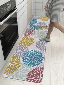 1pc Linen Pattern Printed Kitchen Mat, Crystal Velvet Anti-slip Mat, Indoor Kitchen Floor Mat - Multicolor - View 1