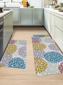 1pc Linen Pattern Printed Kitchen Mat, Crystal Velvet Anti-slip Mat, Indoor Kitchen Floor Mat - Multicolor - View 5
