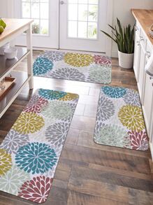 1pc Linen Pattern Printed Kitchen Mat, Crystal Velvet Anti-slip Mat, Indoor Kitchen Floor Mat - Multicolor - View 3