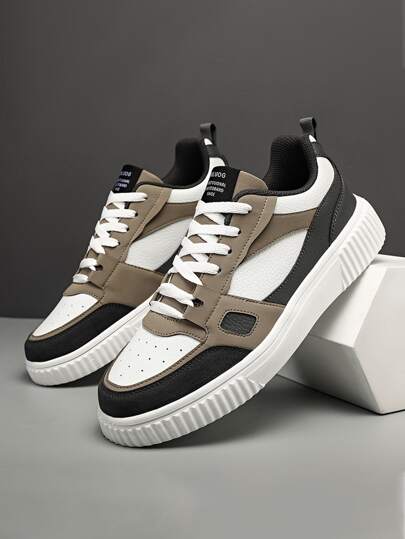 WANWEISI Men's Anti-Slip Lychee Texture Embossed Letter Graphic Patchwork Lace-Up Sports Shoes, Outdoor Sports Skateboard Shoes - Men's Tennis