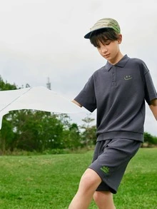 Balabala Tween Boy Letter Graphic Tee & Shorts Comfortable And Breathable Suitable For Summer - Dark Grey - View 5