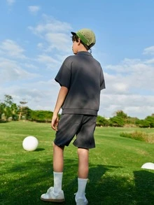 Balabala Tween Boy Letter Graphic Tee & Shorts Comfortable And Breathable Suitable For Summer - Dark Grey - View 2