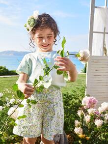 Balabala Áo thun họa tiết hoa cúc mùa hè cho bé gái Quần short họa tiết hoa cúc Bộ đồ thân thiện với làn da trẻ em - màu xanh lá - Xem 4