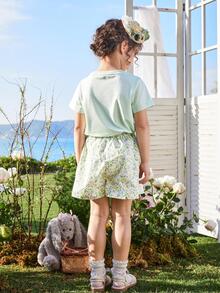 Balabala Áo thun họa tiết hoa cúc mùa hè cho bé gái Quần short họa tiết hoa cúc Bộ đồ thân thiện với làn da trẻ em - màu xanh lá - Xem 2