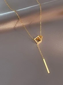 VceTd 1pc Gold-color Stainless Steel Necklace With Geometric Hollow Out Square Pendant And Tassel Detail Suitable For Women's Daily Wear, Birthday Gift