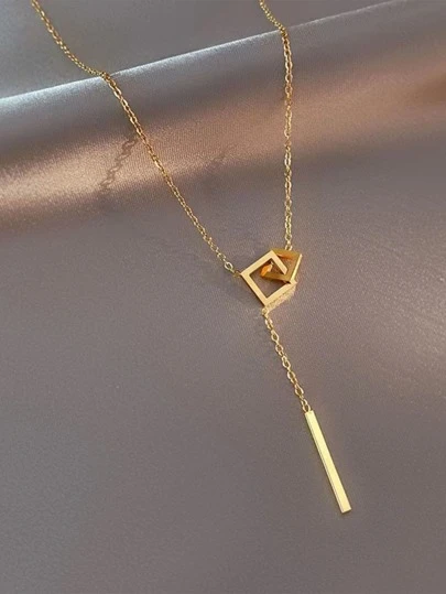 VceTd 1pc Gold-color Stainless Steel Necklace With Geometric Hollow Out Square Pendant And Tassel Detail Suitable For Women's Daily Wear, Birthday Gift