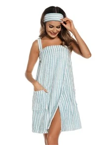 Women Bath Wrap Towel For Shower With Pocket Adjustable Robe & Facial Headband S-3Xl - Blue and White - View 3