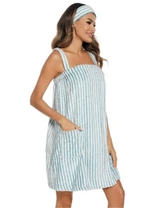 Women Bath Wrap Towel For Shower With Pocket Adjustable Robe & Facial Headband S-3Xl - Blue and White - View 2