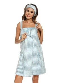 Women Bath Wrap Towel For Shower With Pocket Adjustable Robe & Facial Headband S-3Xl - Blue and White - View 4