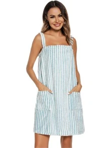 Women Bath Wrap Towel For Shower With Pocket Adjustable Robe & Facial Headband S-3Xl - Blue and White - View 6