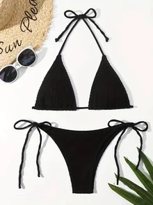 Women's Athletic Bikini Set 2pcs Set Fashionable Sexy Halter Neck Split Swimwear Bikini Set Summer Beach - Black - View 2