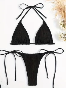 Women's Athletic Bikini Set 2pcs Set Fashionable Sexy Halter Neck Split Swimwear Bikini Set Summer Beach - Black - View 3