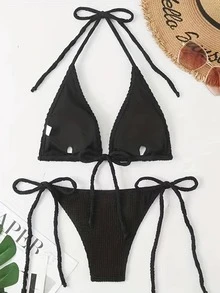 Women's Athletic Bikini Set 2pcs Set Fashionable Sexy Halter Neck Split Swimwear Bikini Set Summer Beach - Black - View 4