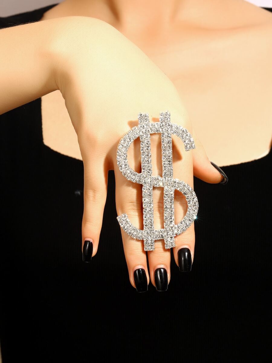 Novelly Rhinestone 9cm*5cm Oversized Dollar Sign Open Rings Hip Hop Jewelry for Women Crysta Adjustabel Large Finger Cuff Rings - Silver - View 1
