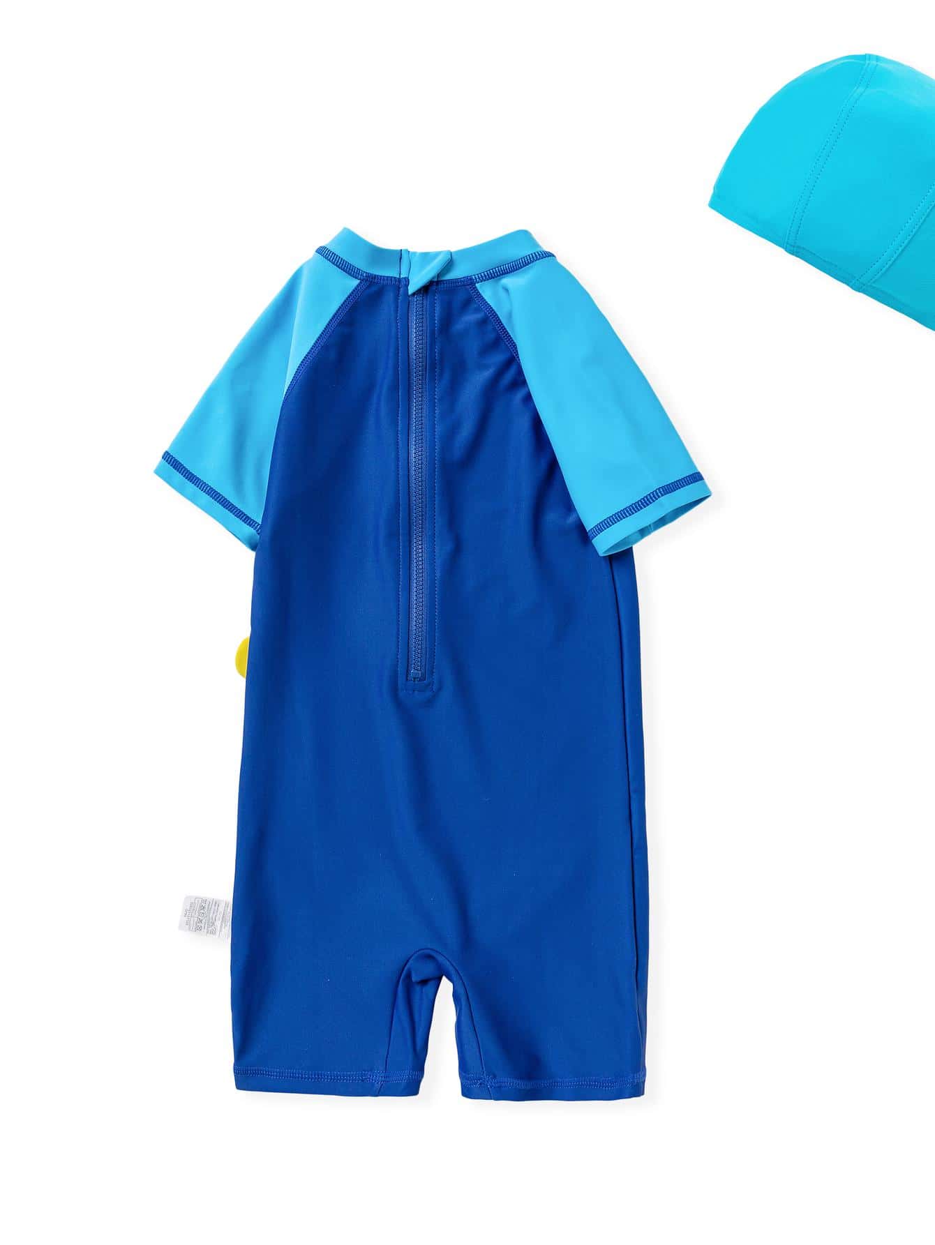 Balabala Young Boy Cartoon Graphic Zip Back One Piece Swimsuit With Swim Cap