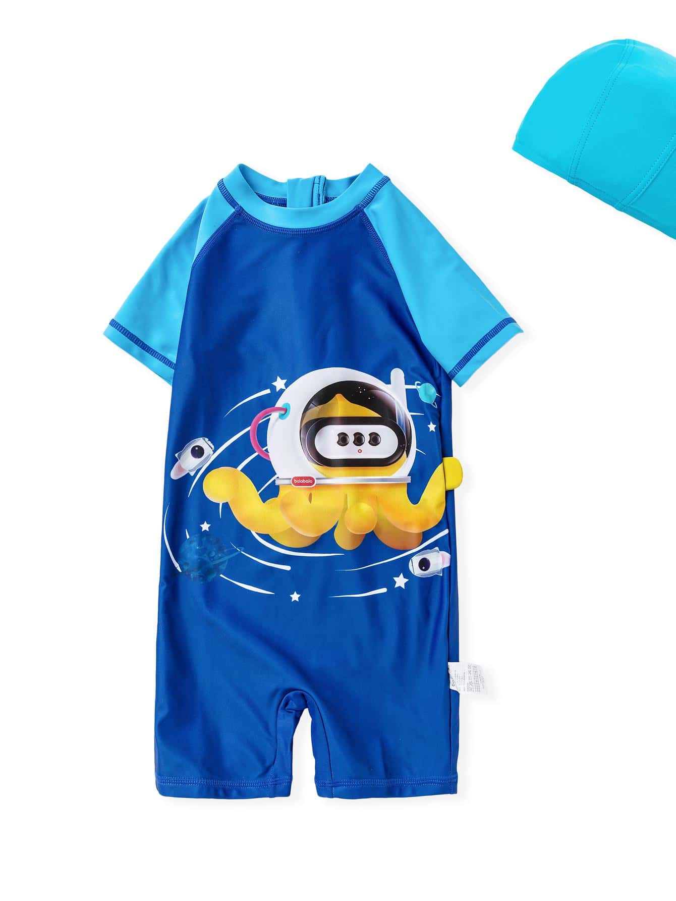 Balabala Young Boy Cartoon Graphic Zip Back One Piece Swimsuit With Swim Cap