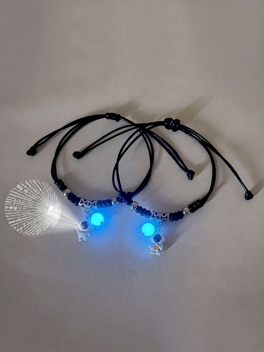 ATLVXJL 2pcs/Set Couple Grow In The Dark Astronaut Inlaid Projection Beads Charm Bracelet Gift - Multicolor - View 1