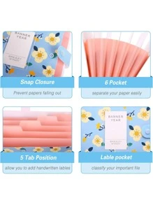 ①擴展文件包②手風琴文件夾帶花圖案手風琴設計A4尺寸 - 藍色 - 查看 4