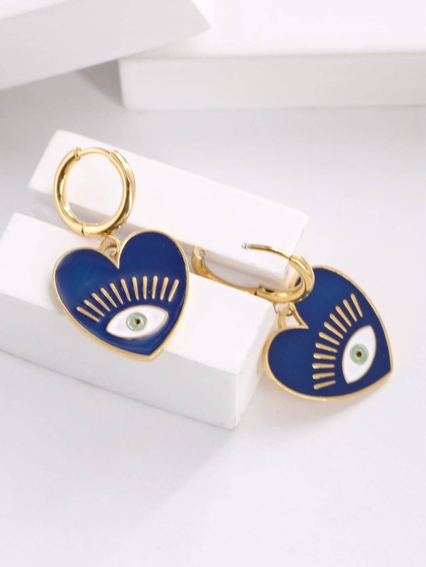 1pair Gold-color Heart Shaped Deep Blue Drop Oil Eye Element Stainless Steel Earrings For Women