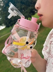 Plastic Transparent Straw Water Bottle With Lovely Bear Design, Conveniently Portable - Baby Pink - View 5