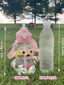 Plastic Transparent Straw Water Bottle With Lovely Bear Design, Conveniently Portable - Baby Pink - View 2
