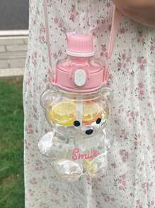 Plastic Transparent Straw Water Bottle With Lovely Bear Design, Conveniently Portable - Baby Pink - View 3