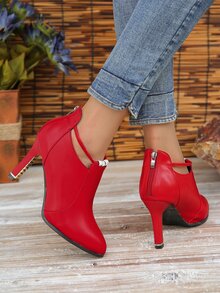 時尚和舒服的高跟鞋女性鞋2023新風格韓語紅色的婚鞋帶薄高跟鞋和網紗 - 紅色 - 查看 4