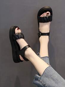Fashionable Women's Sandals With Ruffle Decor, Ankle Strap And Thick Platform Sole - Black - View 1