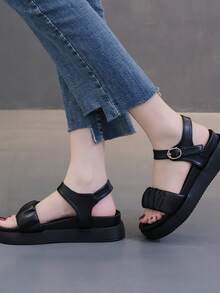 Fashionable Women's Sandals With Ruffle Decor, Ankle Strap And Thick Platform Sole - Black - View 3