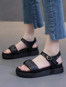 Fashionable Women's Sandals With Ruffle Decor, Ankle Strap And Thick Platform Sole - Black - View 5