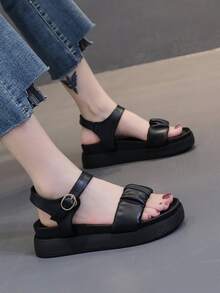 Fashionable Women's Sandals With Ruffle Decor, Ankle Strap And Thick Platform Sole - Black - View 6