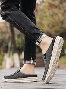 Breathable Canvas Men's Slip-On Shoes Summer Half Slippers Slouchy Soft-Soled Loafers With No Heel For Big Feet - Dark Grey - View 3