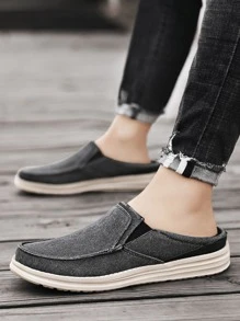 Breathable Canvas Men's Slip-On Shoes Summer Half Slippers Slouchy Soft-Soled Loafers With No Heel For Big Feet - Dark Grey - View 1