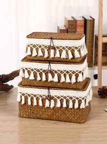 1 Miếng Hộp lưu trữ máy tính để bàn Với Dệt thủ công Nắp - Màu Khaki - Xem 2