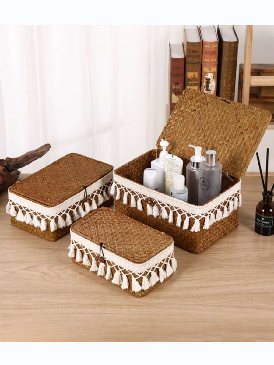 1 Miếng Hộp lưu trữ máy tính để bàn Với Dệt thủ công Nắp - Màu Khaki - Xem 1
