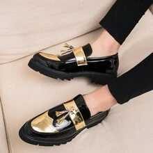 新款男士漆皮尖头休闲鞋，厚底增高鞋，时尚流苏乐福鞋，低帮一脚蹬鞋，适合派对、婚礼、工作，雕花布洛克正装鞋，尺码偏小 - 金色 - 查看 9