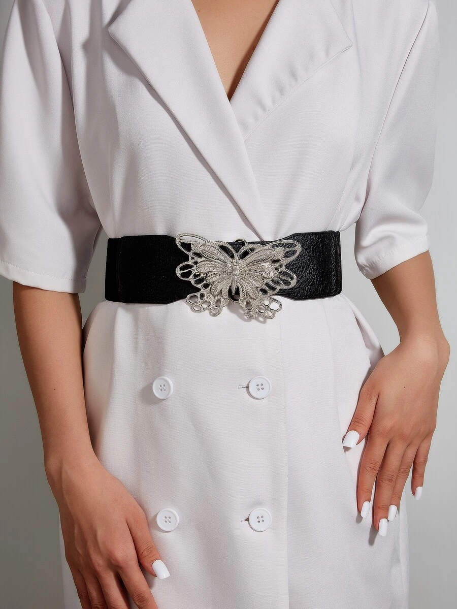 1pc Women's Metal Butterfly Buckle Detail Black Pu Adjustable Waist Belt, Suitable For Daily Wear With Dresses And Coats - Black - View 1
