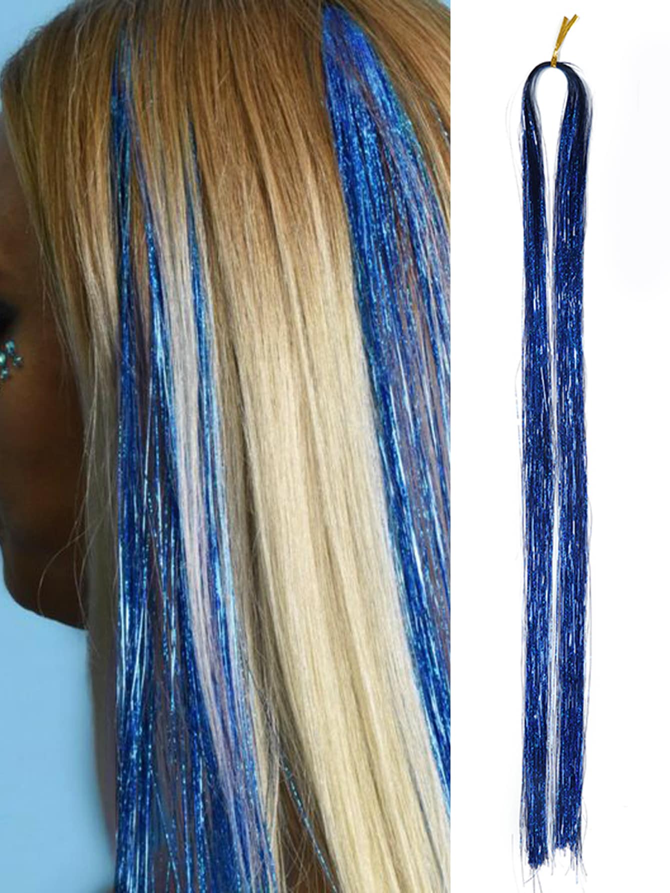 1pc Hair Tinsel Strands Long Straight Hair Extensions Party Highlight Hair Pieces Sparkling Shiny Hair Extensions - Royal Blue - View 1