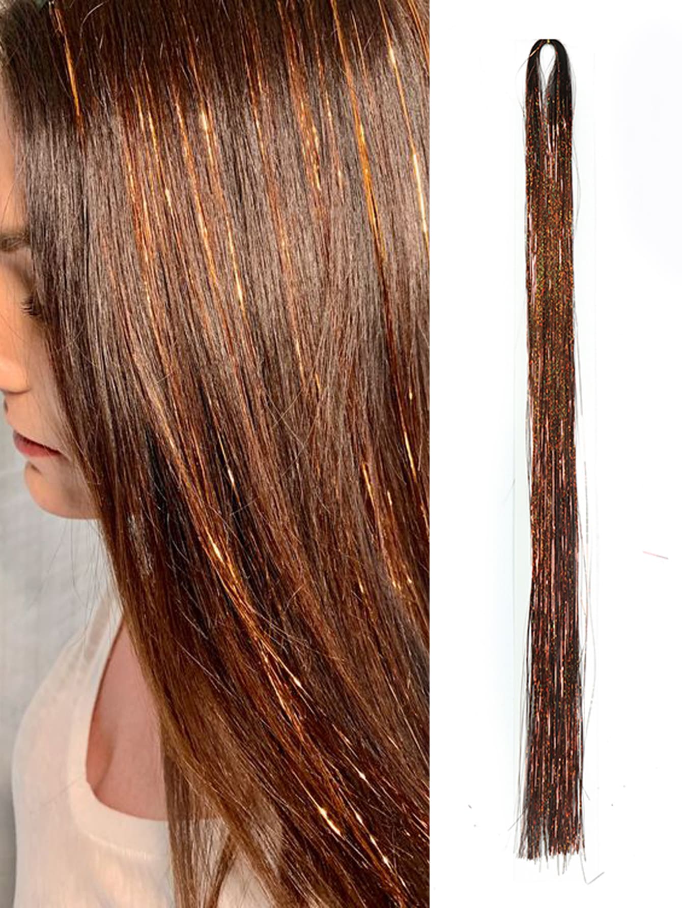 1 sợi tóc kim tuyến dài thẳng nối tóc cho lễ hội tiệc tùng làm nổi bật tóc nối lấp lánh sáng bóng cho Halloween - Cà phê nâu - Xem 1