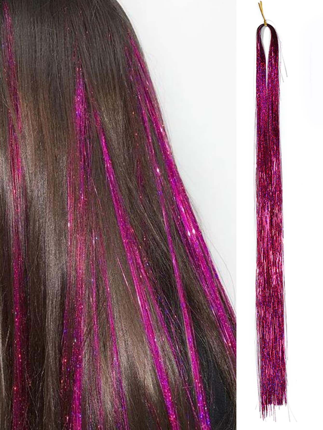 1pc Hair Tinsel Strands Long Staight Hair Extensions For Festivals Party Highlight Hair Pieces Sparkling Shiny Hair Extensions For Halloween - Hot Pink - View 1