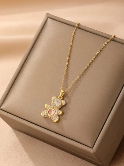 1 pieza Collar con colgante de acero inoxidable con corazón y diseño de oso, estilo vintage, casual y con diseño creativo, adecuado para el Día de Acción de Gracias, Navidad, uso diario, fiestas y festivales, opción de regalo asequible (bolsa de OPP y caja de regalo solo para la sesión de fotos) Día de San Valentín