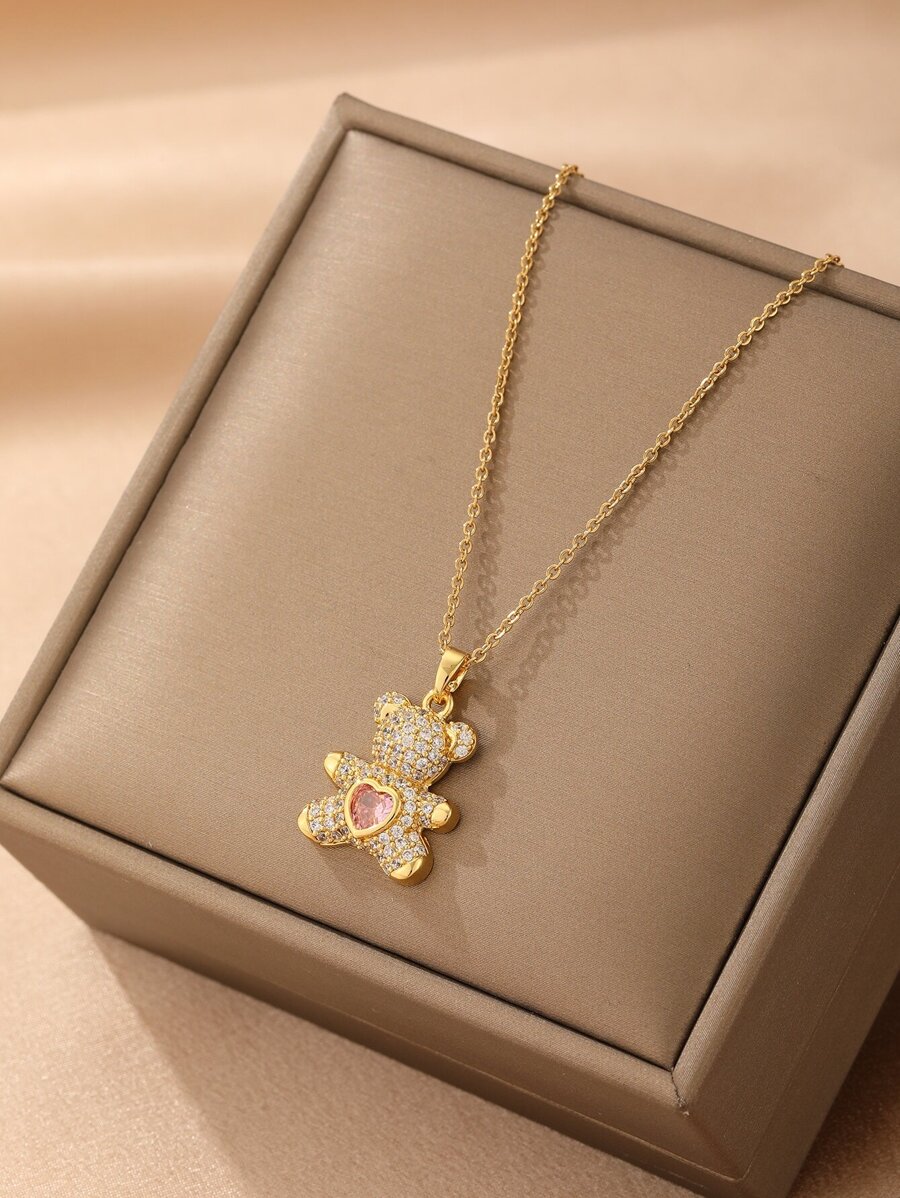 1 件不锈钢可爱熊心形吊坠项链，创意设计，复古风格，休闲时尚，适合感恩节、圣诞节、日常穿着、派对和节日，实惠的礼物选择（OPP 袋和礼品盒仅适用于拍摄）情人节 - 金黃色 - 查看 1