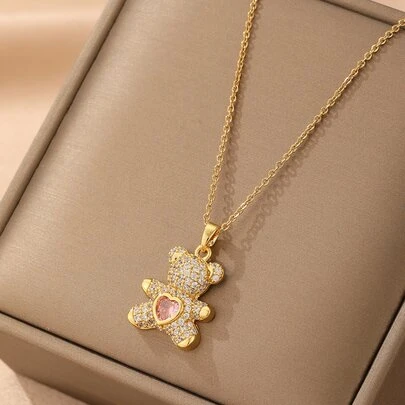 1 pieza Collar con colgante de acero inoxidable con corazón y diseño de oso, estilo vintage, casual y con diseño creativo, adecuado para el Día de Acción de Gracias, Navidad, uso diario, fiestas y festivales, opción de regalo asequible (bolsa de OPP y caja de regalo solo para la sesión de fotos) Día de San Valentín