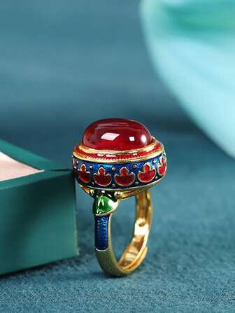 1pc Vintage Enamel Flower Ruby Ring, Suitable For Women Everyday & Festival Wear