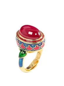 1 pieza Anillo de flor de esmalte vintage con rubí, adecuado para uso diario y de festival de mujeres