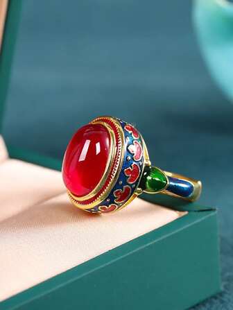 1pc Vintage Enamel Flower Ruby Ring, Suitable For Women Everyday & Festival Wear