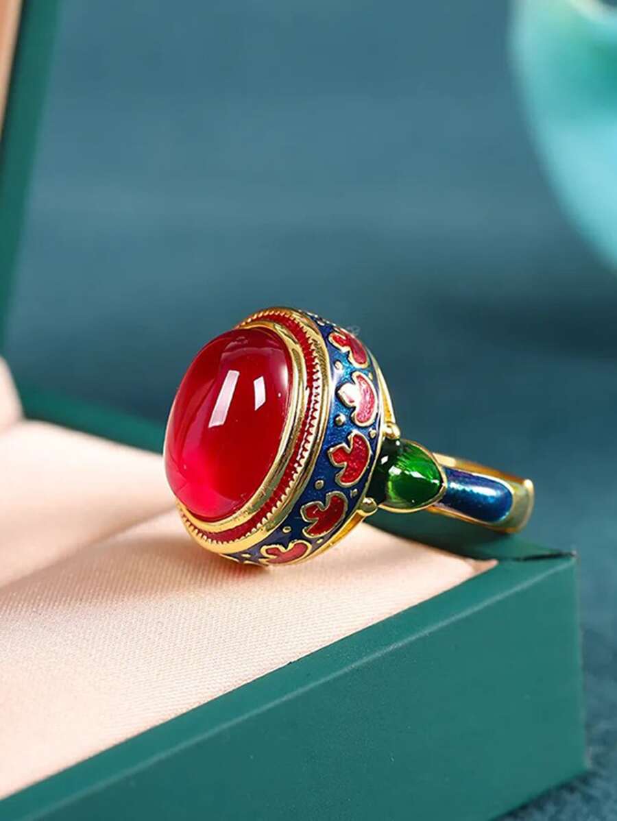 1 pieza Anillo de flor de esmalte vintage con rubí, adecuado para uso diario y de festival de mujeres