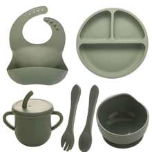 6pcs Simple Silicone Dining Sets, Classic Green Cutlery Sets For Babies - Army Green - View 1