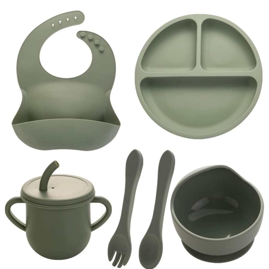 6pcs Simple Silicone Dining Sets, Classic Green Cutlery Sets For Babies - Army Green - View 1